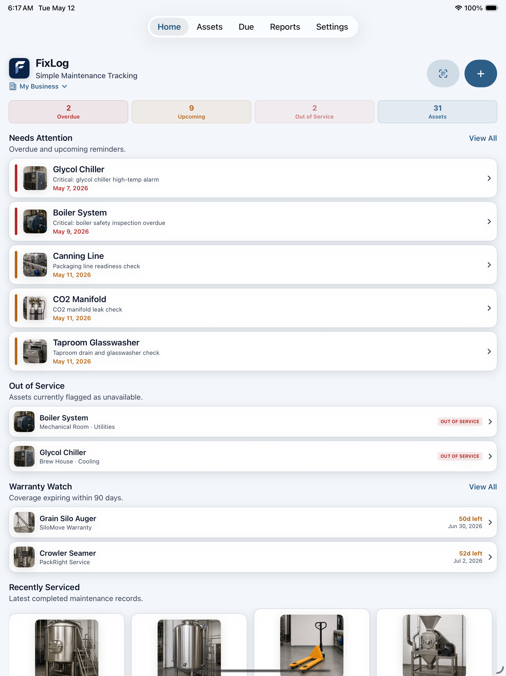 FixLog iPad dashboard showing business maintenance status