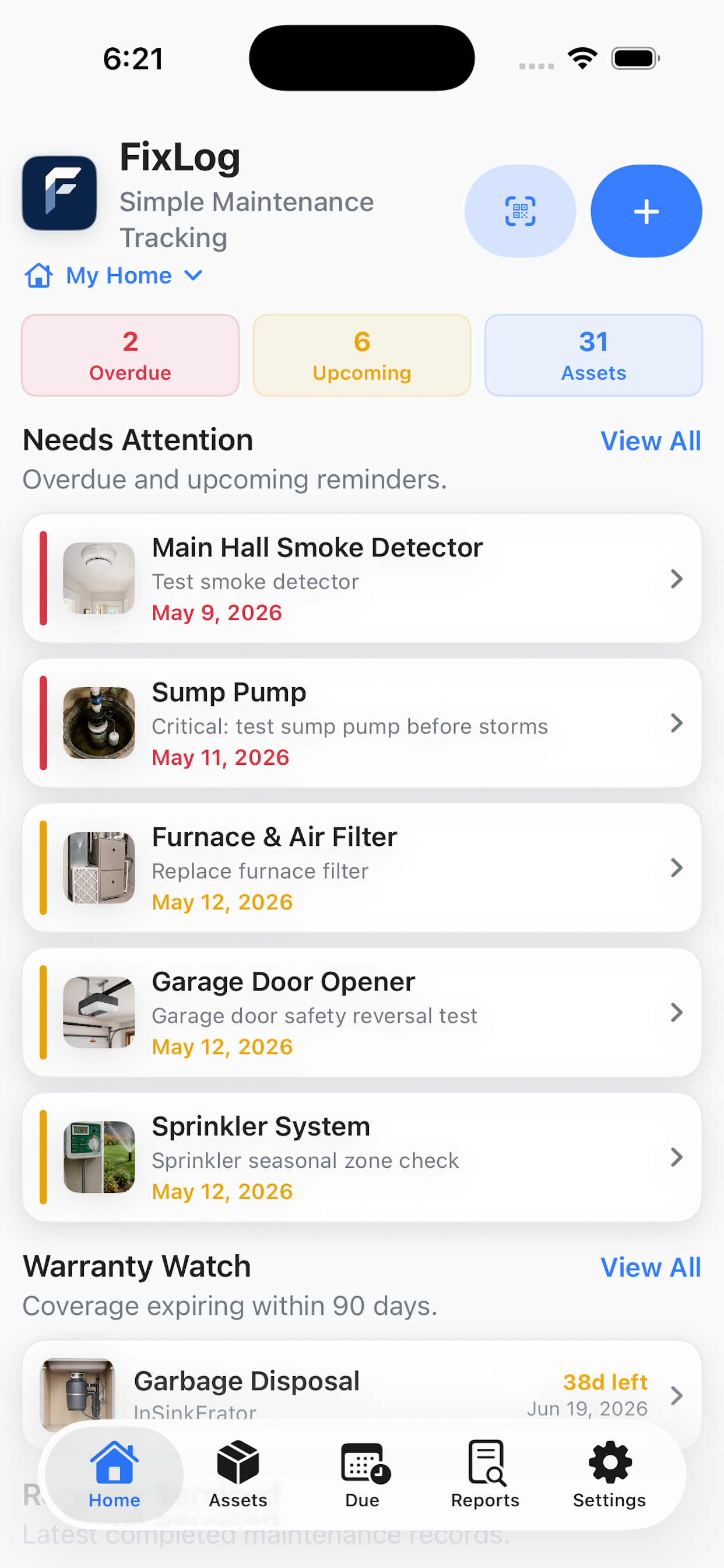 FixLog Today screen with maintenance reminders