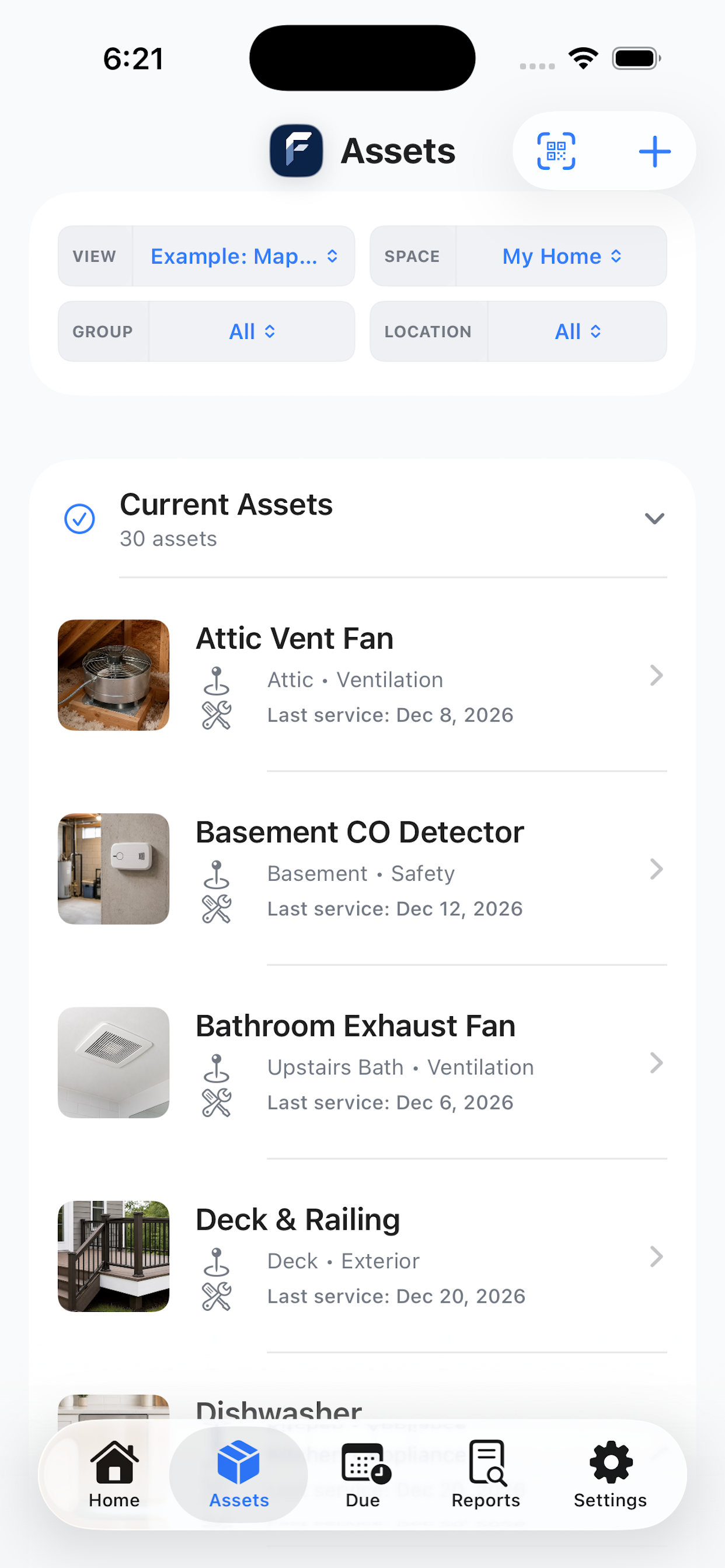 FixLog asset list screen